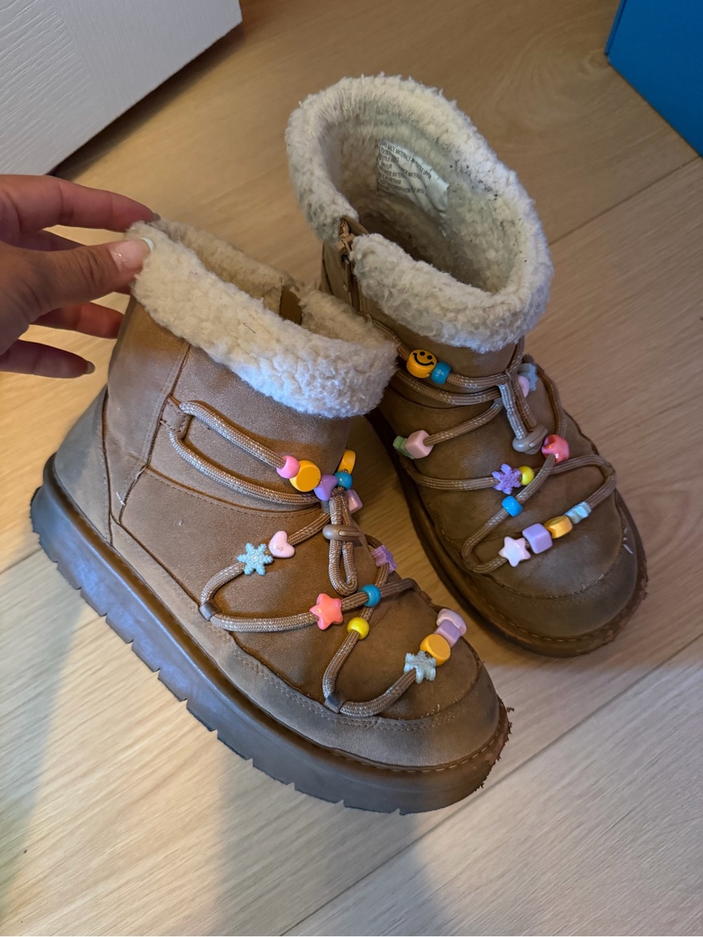 Cat & Jack Brown Faux-Shearling Boots with Multicolor Bead Accents